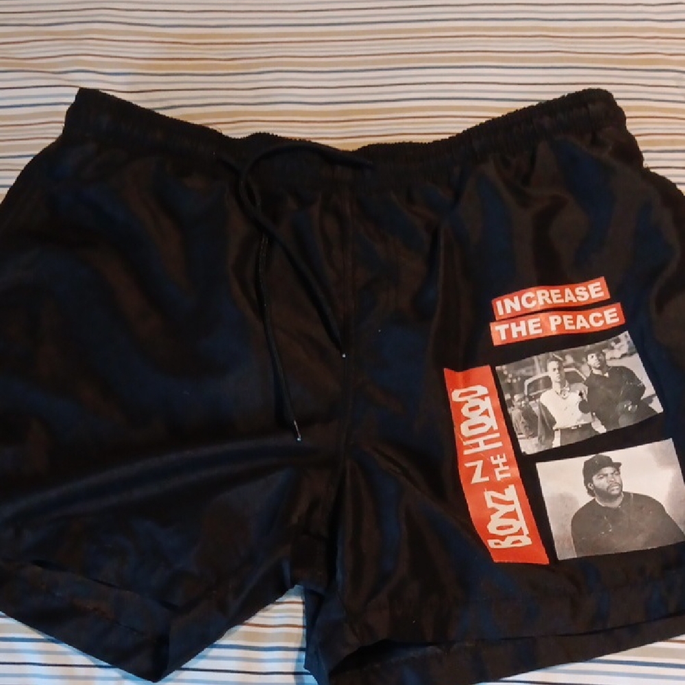Black Graphic Shorts with Red and White Accents